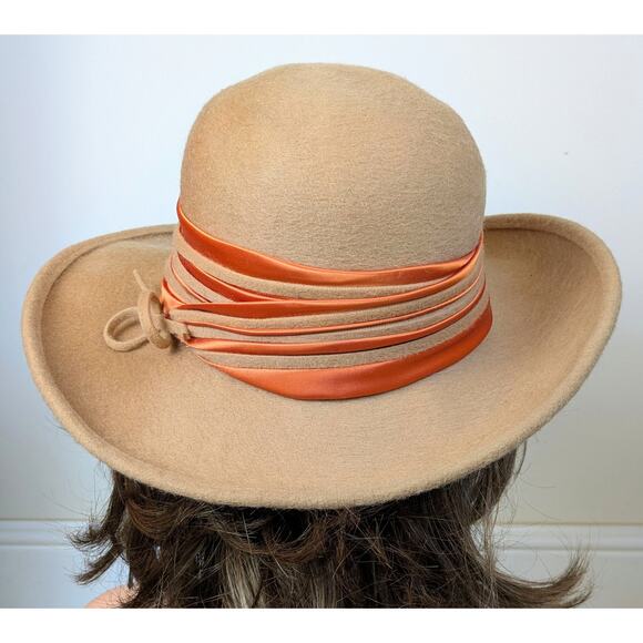 Vintage 1960s Sylvia Bollman Excello Wool Hat Camel w/ Orange Satin Band USA - Picture 9 of 13